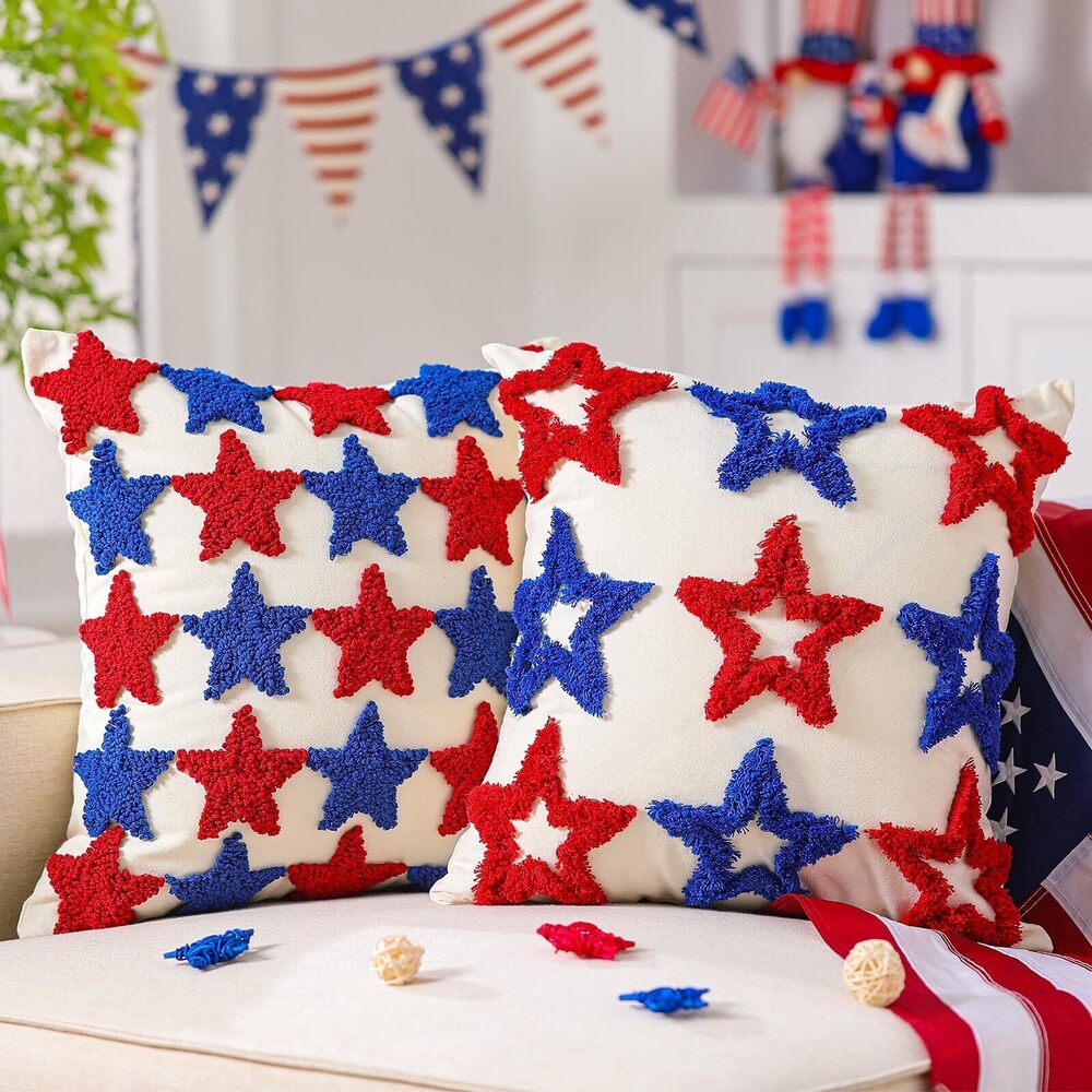 3572 2 Pcs 4th of July Embroidery Pillow Covers 18 x 18 Inch Patriotic